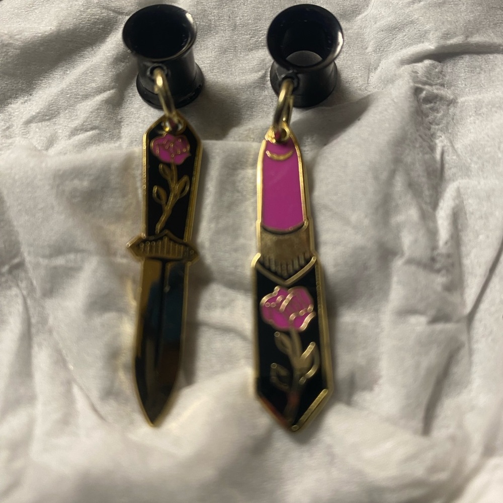 Gold and Black Knife Earrings with Pink Accents- 0 Gauge